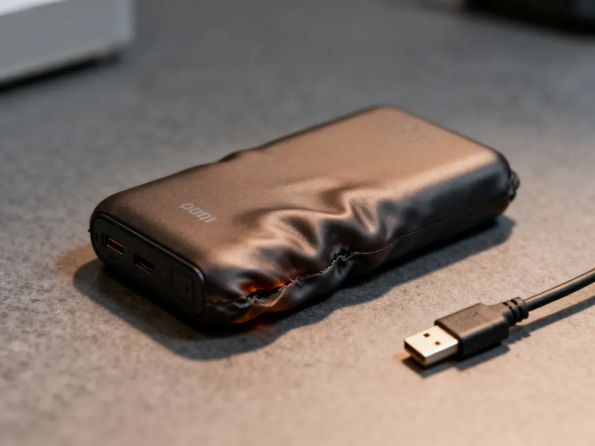Uszkodzony i spuchnięty powerbank odłączony od kabla