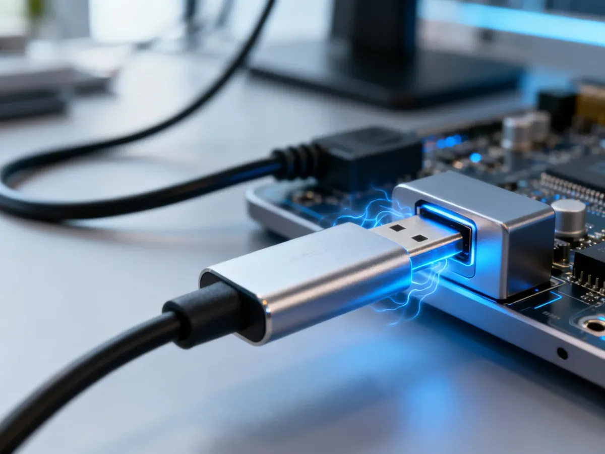 Wtyczka USB-C wpięta do portu ładowania z delikatną niebieską poświatą, symbolizującą szybkie przesyłanie energii.