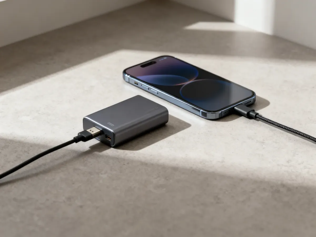 Smartfon ładowany powerbankiem na suchej i chłodnej powierzchni