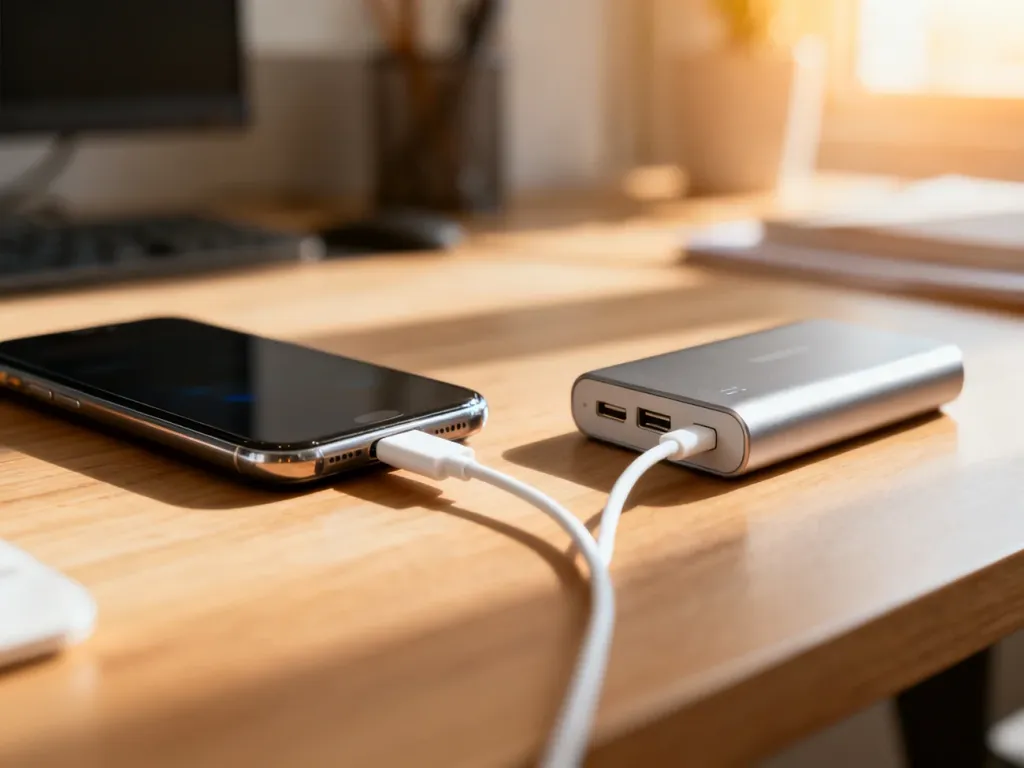 Nowoczesny smartfon podłączony białym kablem USB do metalowego powerbanka na drewnianym biurku w domowym biurze.