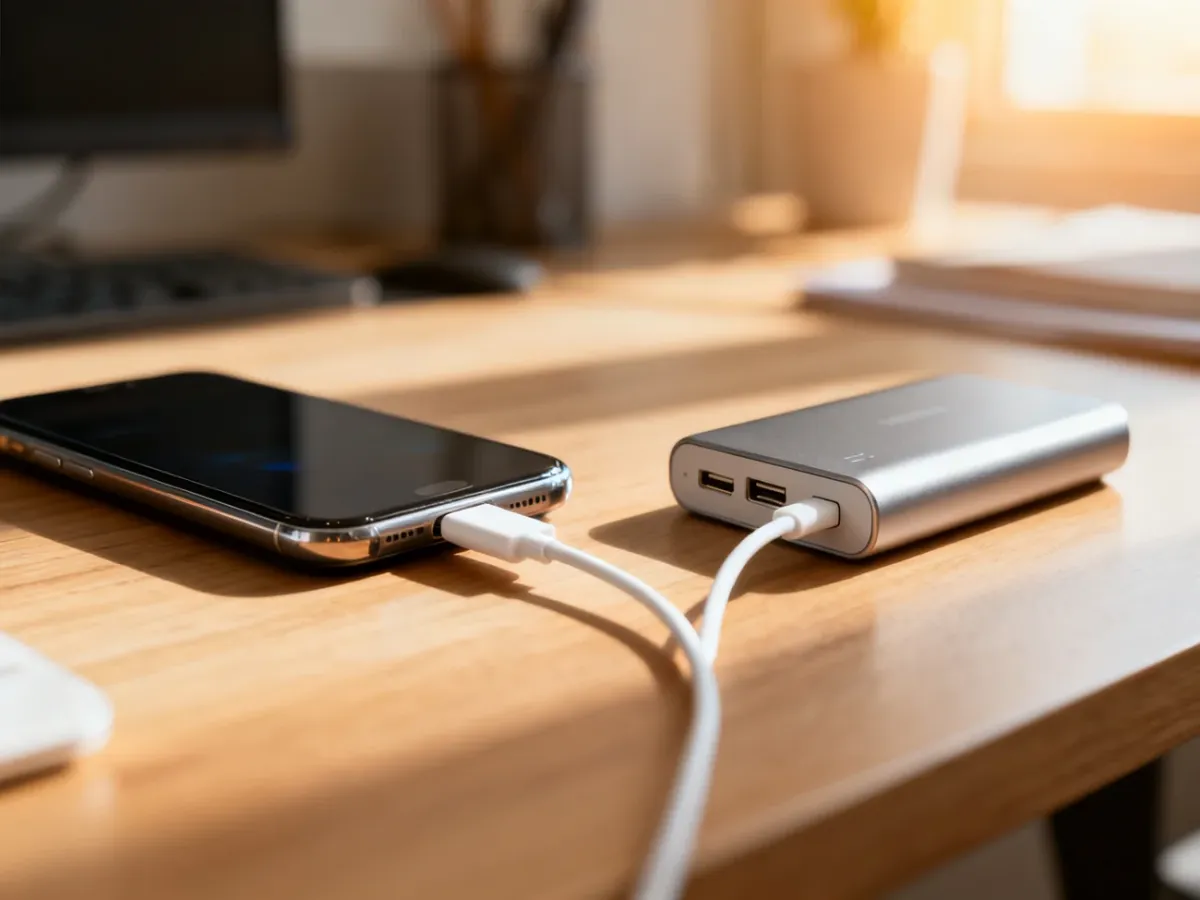 Nowoczesny smartfon podłączony białym kablem USB do metalowego powerbanka na drewnianym biurku w domowym biurze.
