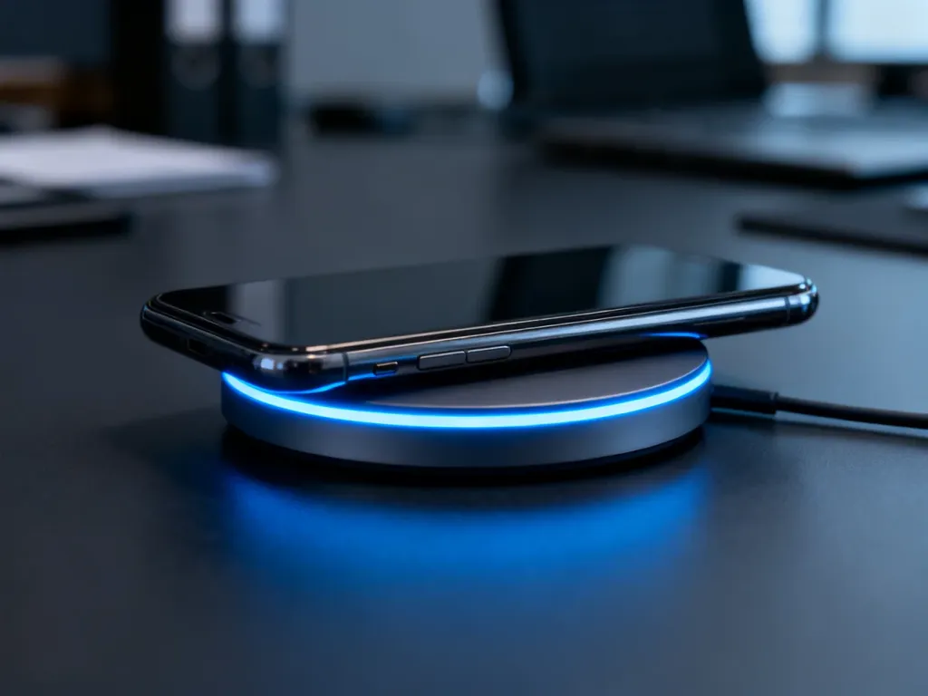 Nowoczesny smartfon leżący na podświetlanej ładowarce indukcyjnej, sygnalizującej proces bezprzewodowego przesyłu energii.