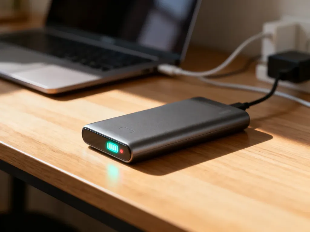 Nowoczesny powerbank z w pełni naładowanym wskaźnikiem LED, spoczywający na drewnianym biurku w słonecznym świetle.