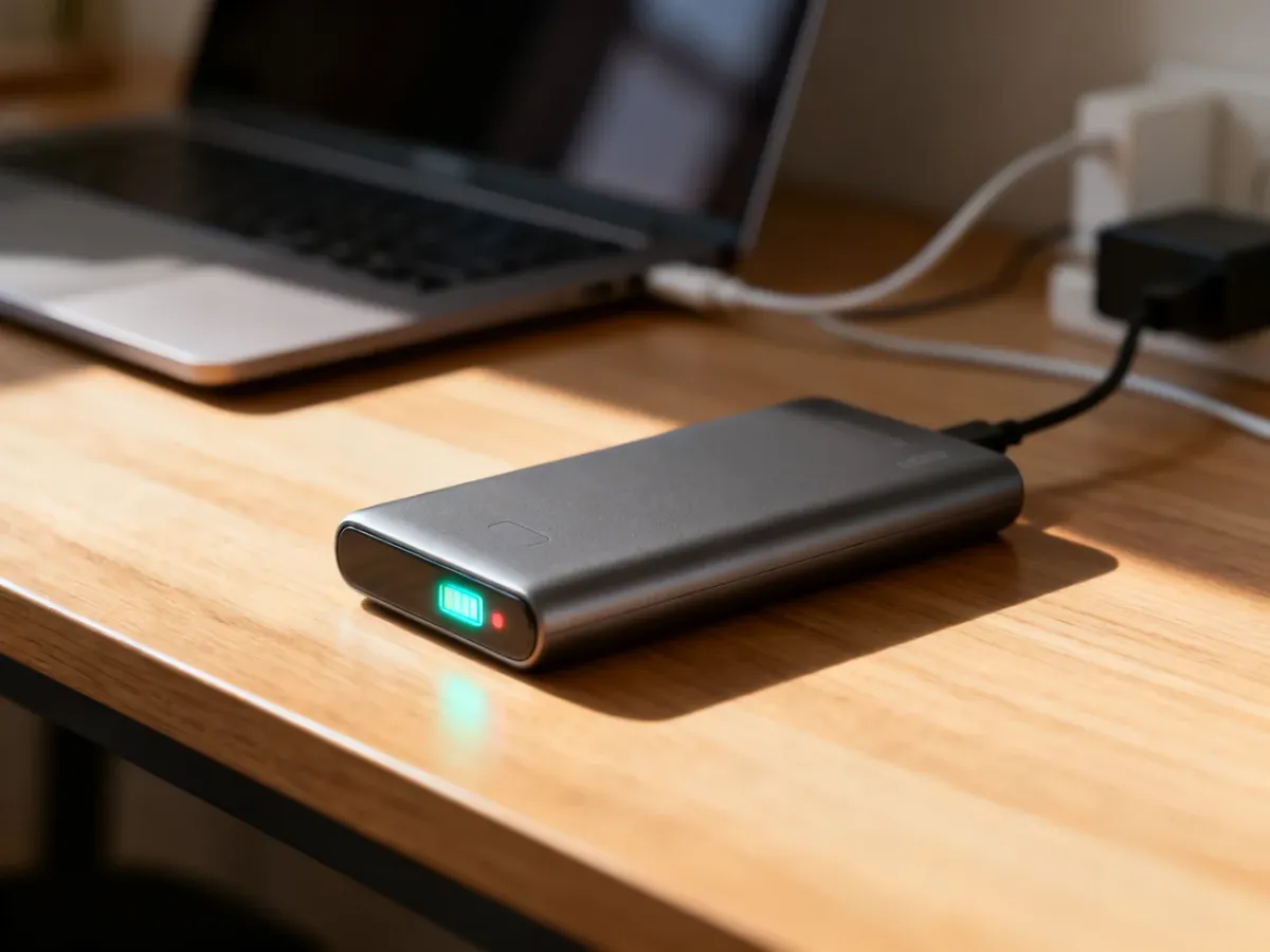 Nowoczesny powerbank z w pełni naładowanym wskaźnikiem LED, spoczywający na drewnianym biurku w słonecznym świetle.