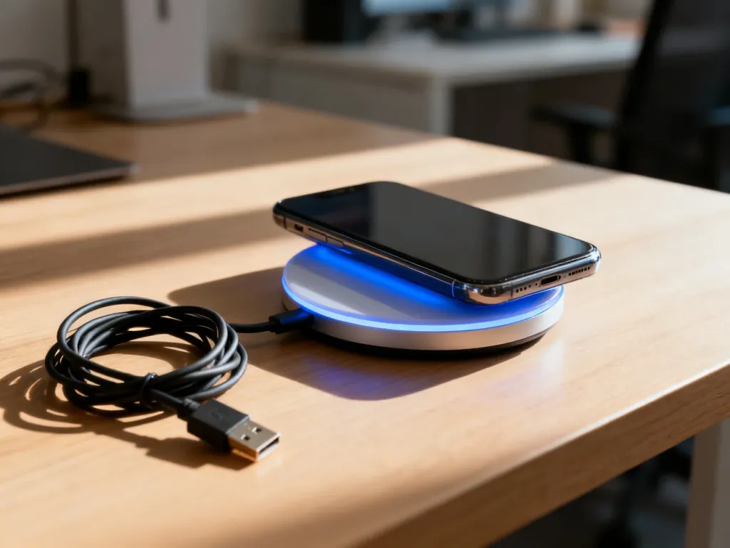 Nowoczesny smartfon na podświetlanej ładowarce indukcyjnej obok splątanego kabla USB-C na drewnianym biurku.