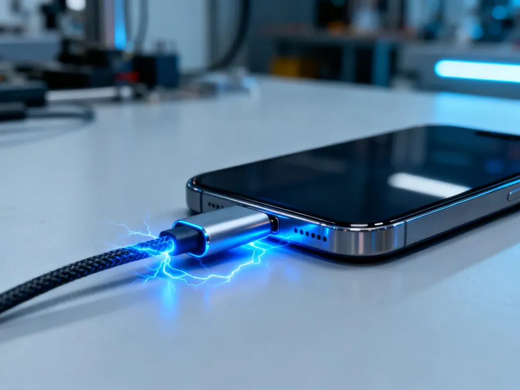 Nowoczesny smartfon podłączony do kabla z niebieską poświatą, symbolizującą proces szybkiego ładowania baterii.