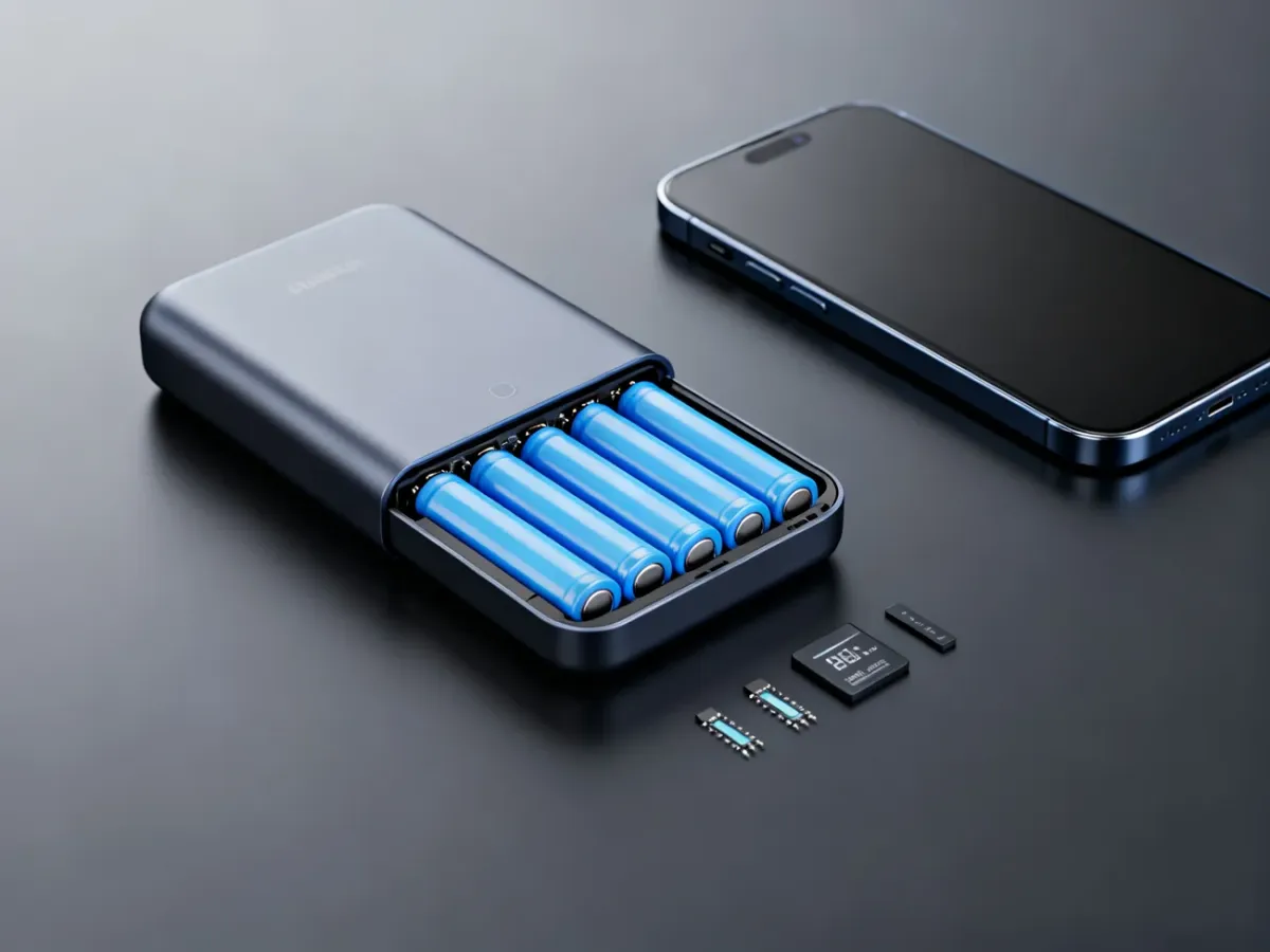 Rozebrany powerbank z ogniwami litowo-jonowymi obok smartfona